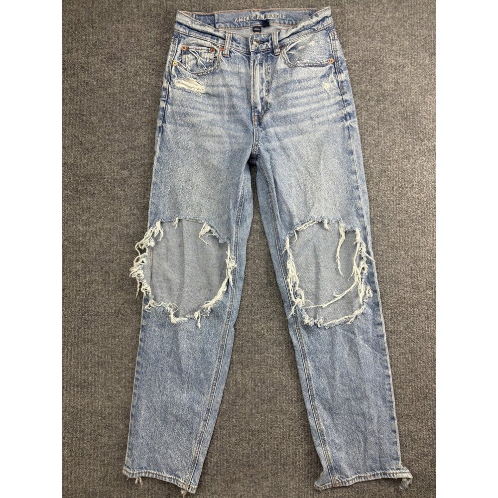 American Eagle Highest Rise Baggy Straight Jeans Womens 2 Distressed Denim 26x29